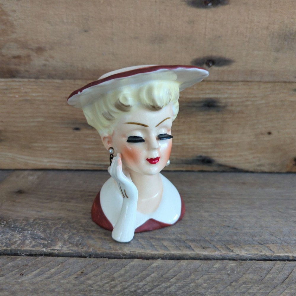 Vintage Napco Blond Lady Head Vase Burgundy Dress with White Trim Matching Hat